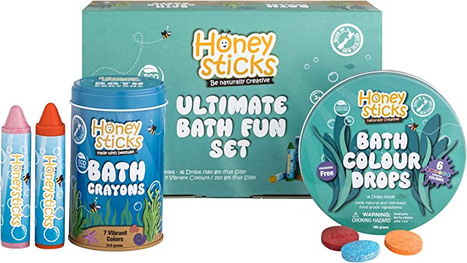 Honeysticks Ultimate Bath Fun Set - Non Toxic Bath Crayons (7 Pack) and Bath Colour Tablets (36 Drops) for Hours of Creative Bathtub Fun - Natural and Food Grade Ingredients - Great Gift Set for Kids