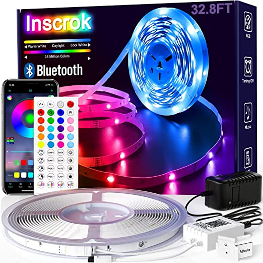 Inscrok 10m LED Strip Lights for Bedroom 32.8ft Bluetooth Smart App Music Sync RGB Color Changing Led Light Strip with Remote and App Control RGB LED Strip, LED Lights for Room Home Party Decoration