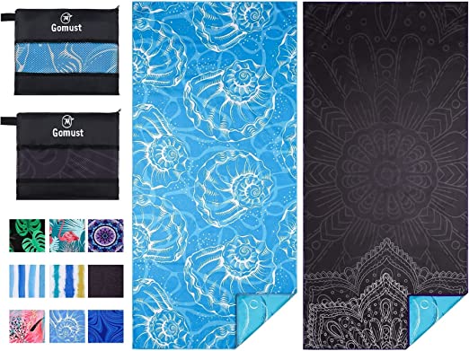 2 Pack Lightweight Thin Beach Towel Oversized Big Extra Large Microfiber Sand Free Towels for Adult Quick Dry Travel Camping Beach Accessories Vacation Essential Gift Black Mandala Blue Shell 180*80CM