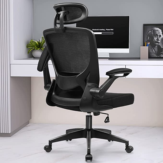 KERDOM Ergonomic Office Chair, Breathable Mesh Desk Chair, Lumbar Support Computer Chair with Headrest and Flip-up Arms, Swivel Task Chair, Adjustable Height Gaming Chair(KD9060H-Black)