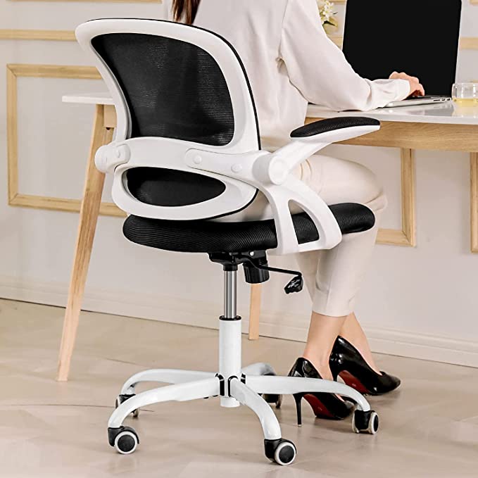 Ergonomic Office Chair, KERDOM Breathable Mesh Computer Chair, Swivel Desk Chair with Wheels and Flip-up Arms, Adjustable Height Home Gaming Chair（KD931-C-White）