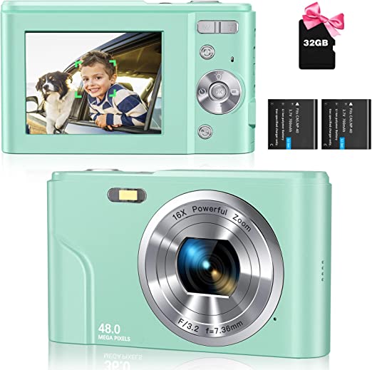 48MP Autofocus Digital Camera with 32Gb Card by CAMKORY, Portable Camera FHD 1080P Vlogging Camera with 16X Zoom, LCD Screen, Compact Mini Cameras for 4-10 Year Old Student, Boy, Girl, Light Green