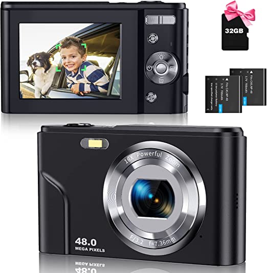 48MP Autofocus Digital Camera with 32Gb Card by CAMKORY, Portable Camera FHD 1080P Vlogging Camera with 16X Zoom, LCD Screen, Compact Mini Cameras for 4-10 Year Old Student, Boy, Girl, Dark Black