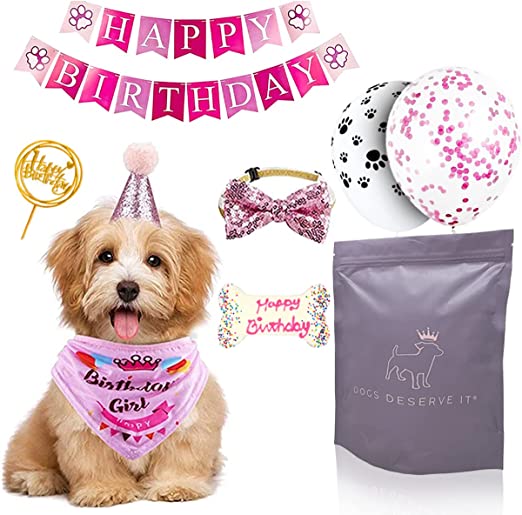 Dogs Deserve It Girl Dog Birthday Party Supplies 8 Pieces per Pack Dog Birthday Hat, Bow Tie, Bandana, Dog Bone, Cake Stand, Balloons and Birthday Banner
